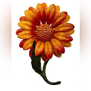 Vintage Retro 1960's Large Orange Yellow Enamel Sunflower Brooch Fall Autumn